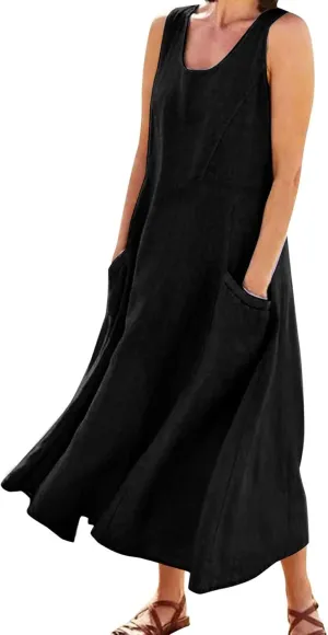Womens Summer Cotton Linen Long Dress Sleeveless Elegant Flowy Dresses 2025 Plus Size Loose Comfy Dress with Pockets