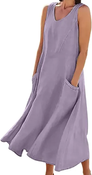 Womens Summer Cotton Linen Long Dress Sleeveless Elegant Flowy Dresses 2025 Plus Size Loose Comfy Dress with Pockets