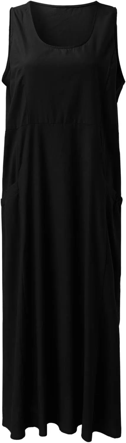 Womens Summer Cotton Linen Long Dress Sleeveless Elegant Flowy Dresses 2025 Plus Size Loose Comfy Dress with Pockets