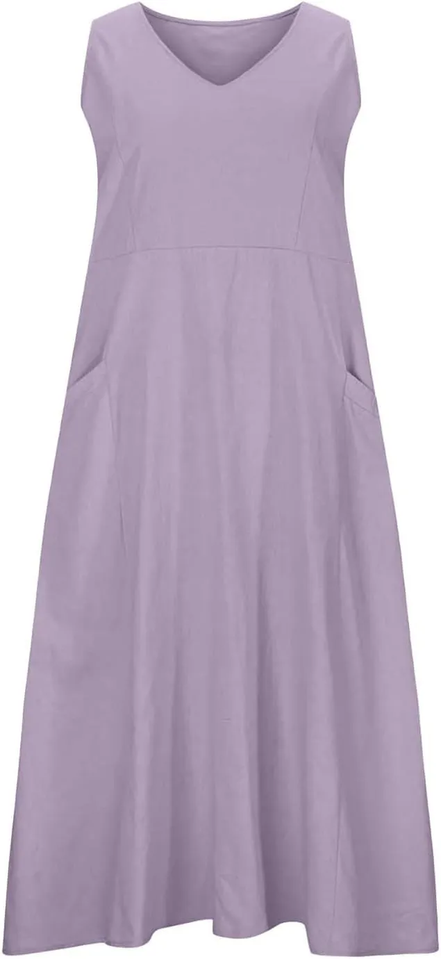 Womens Summer Cotton Linen Long Dress Sleeveless Elegant Flowy Dresses 2025 Plus Size Loose Comfy Dress with Pockets