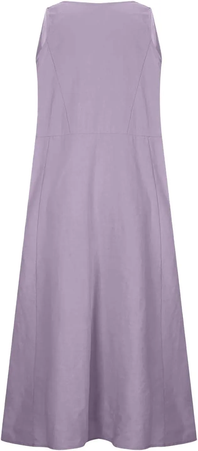 Womens Summer Cotton Linen Long Dress Sleeveless Elegant Flowy Dresses 2025 Plus Size Loose Comfy Dress with Pockets