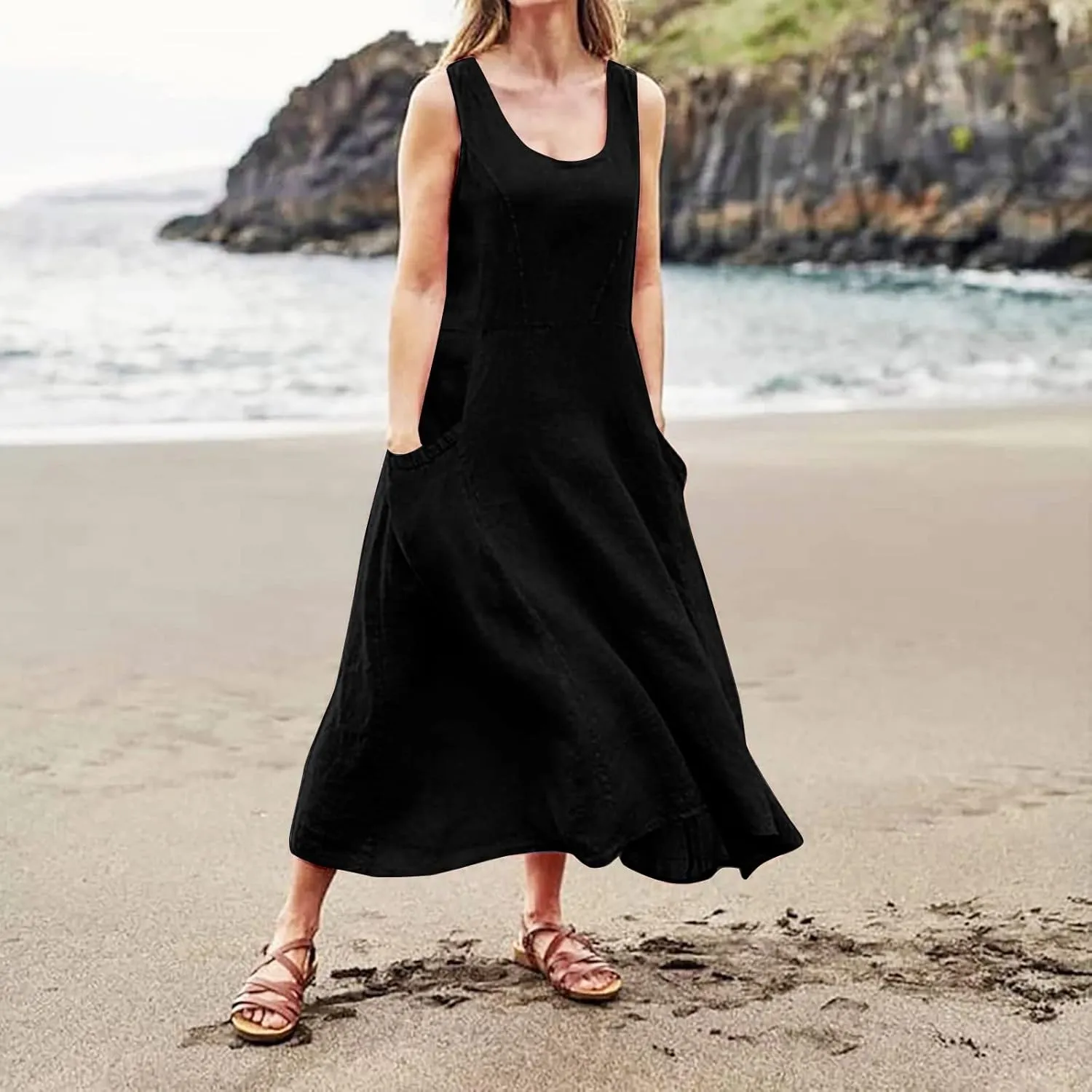 Womens Summer Cotton Linen Long Dress Sleeveless Elegant Flowy Dresses 2025 Plus Size Loose Comfy Dress with Pockets