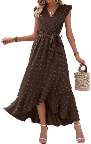 Womens Summer Dress 2025 V Neck Cap Sleeve Swiss Dots Boho Flowy Ruffle Slit Beach Long Maxi Cocktail Party Dresses