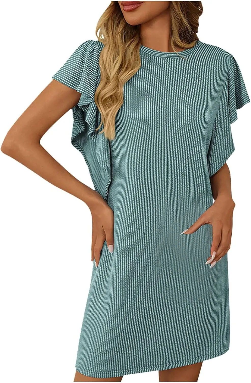 Women's Summer Dresses 2025 Beach Casual Boat Neck Loose Lightweight Soft Sundress Ruffle Short Sleeve Mini Dress