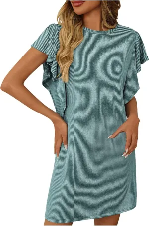 Women's Summer Dresses 2025 Beach Casual Boat Neck Loose Lightweight Soft Sundress Ruffle Short Sleeve Mini Dress