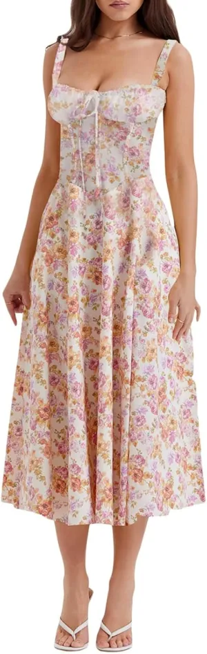 Women's Summer Dresses Beach Casual Sleeveless Floral Print Loose Sundress Hem Split Beach Vacation Party Dresses