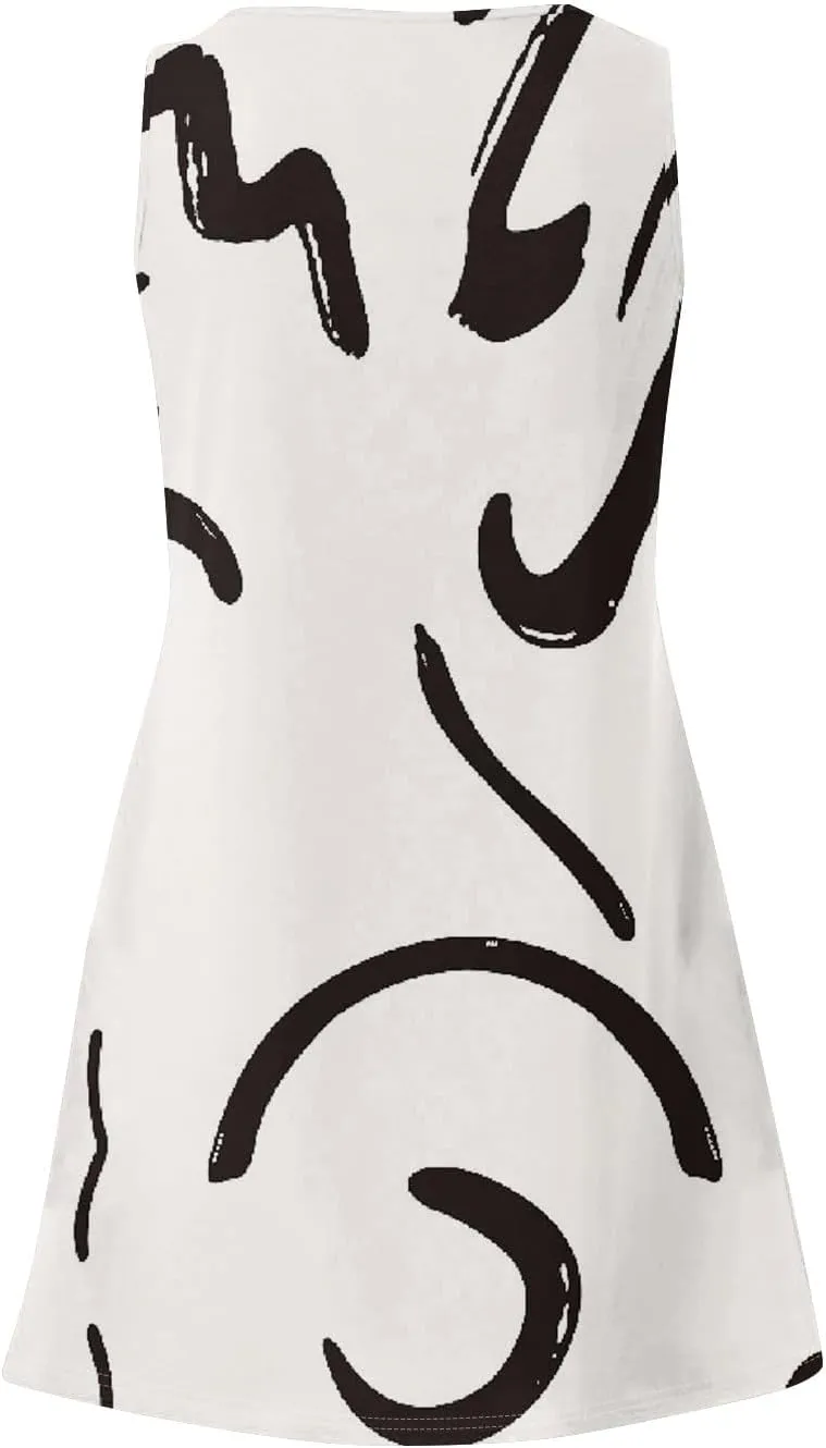 Womens Summer Dresses Casual Tshirt Tank Dresses Prited Loose Sleeveless Mini Dress Flowy Sundresses with Pockets