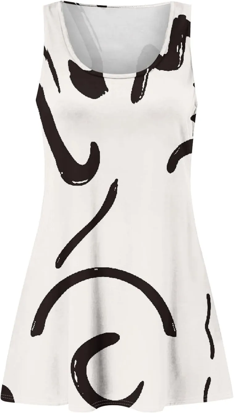 Womens Summer Dresses Casual Tshirt Tank Dresses Prited Loose Sleeveless Mini Dress Flowy Sundresses with Pockets