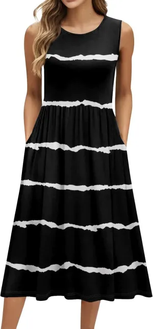 Womens Summer Dresses Flowy A-Line Sundresses Beach Floral Sleeveless Mid Dress Casual Tshirt Tank Dresses with Pockets