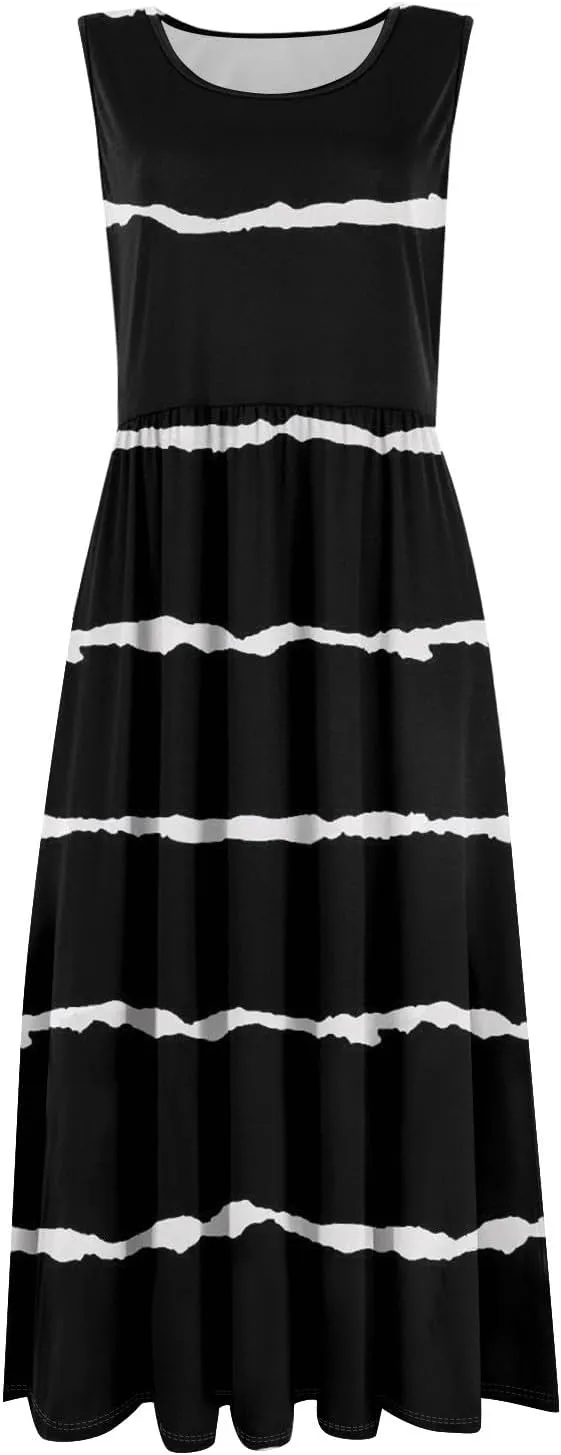 Womens Summer Dresses Flowy A-Line Sundresses Beach Floral Sleeveless Mid Dress Casual Tshirt Tank Dresses with Pockets