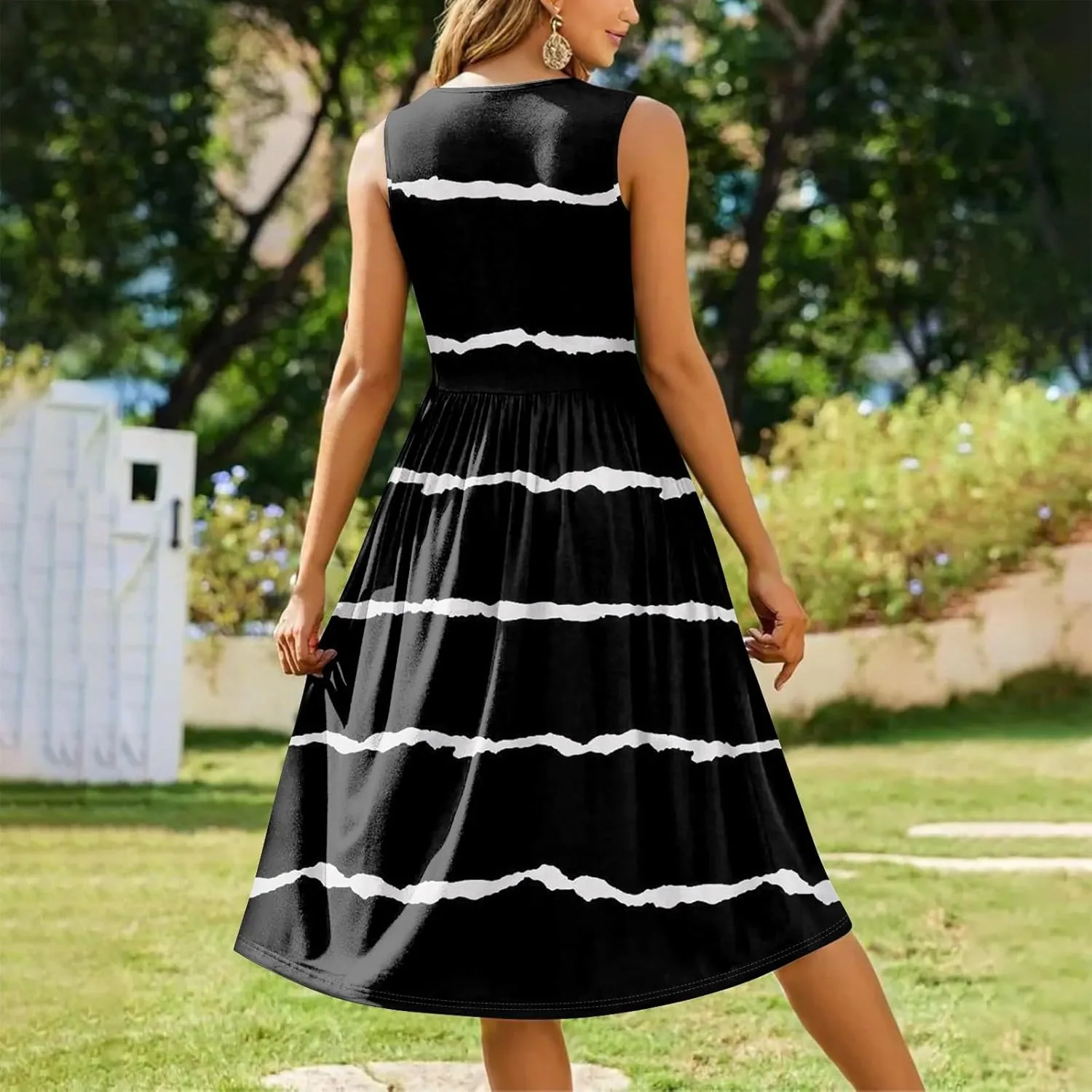 Womens Summer Dresses Flowy A-Line Sundresses Beach Floral Sleeveless Mid Dress Casual Tshirt Tank Dresses with Pockets