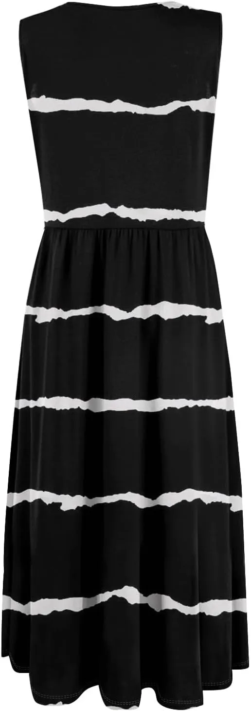 Womens Summer Dresses Flowy A-Line Sundresses Beach Floral Sleeveless Mid Dress Casual Tshirt Tank Dresses with Pockets