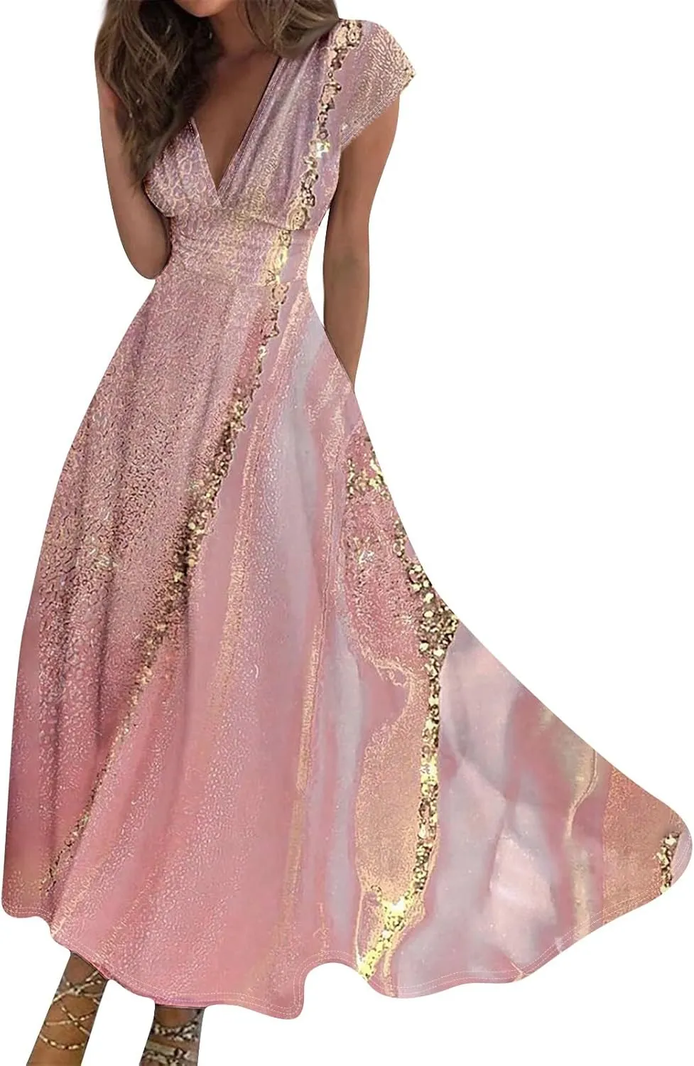 Womens Summer Dresses Flowy Ruched Sleeveless Sundress Floral Print Wrap V Neck Maxi Dress High Waist Boho Dress