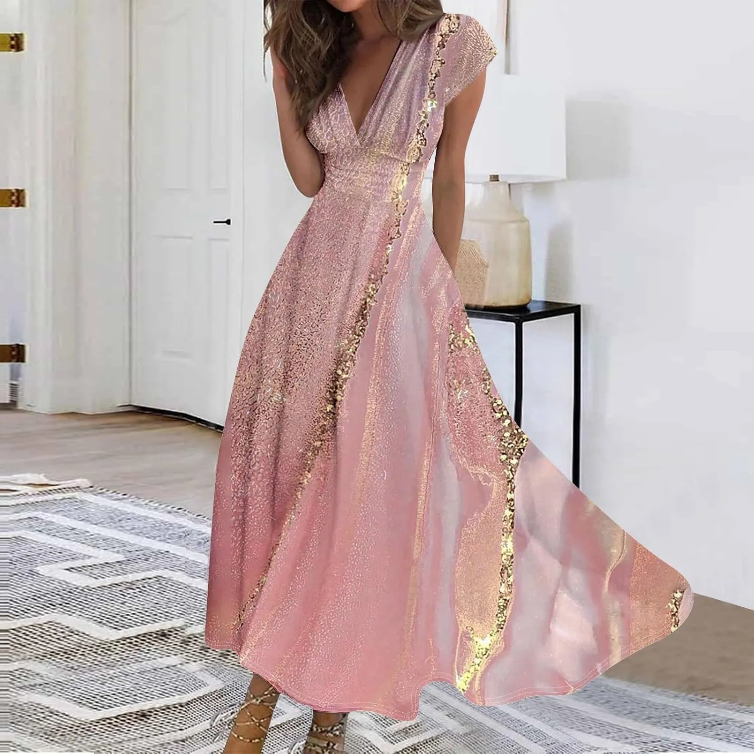 Womens Summer Dresses Flowy Ruched Sleeveless Sundress Floral Print Wrap V Neck Maxi Dress High Waist Boho Dress