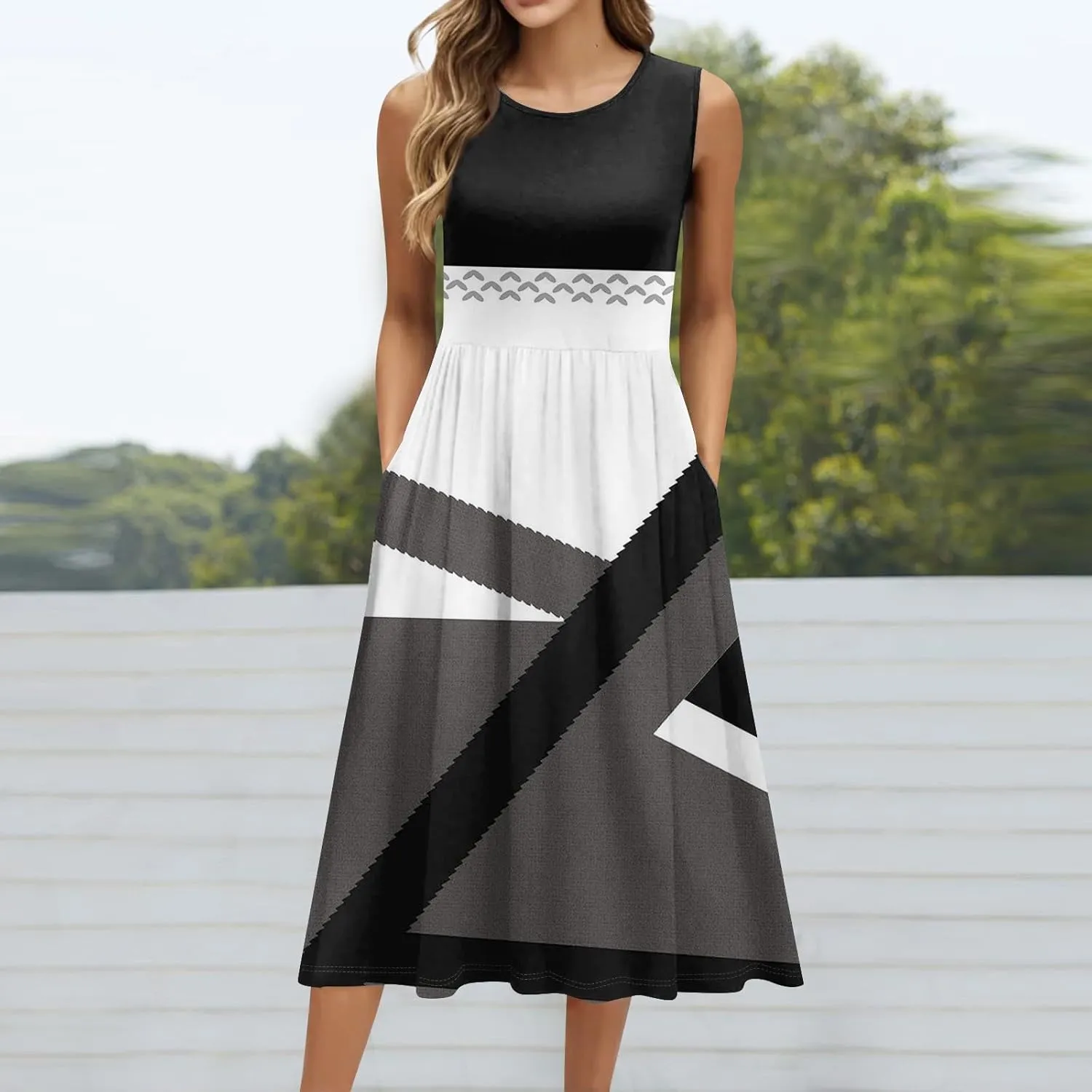 Womens Summer Dresses Loose A-Line Sundresses Flowy Beach Tshirt Tank Dresses Floral Sleeveless Mid Dress with Pockets