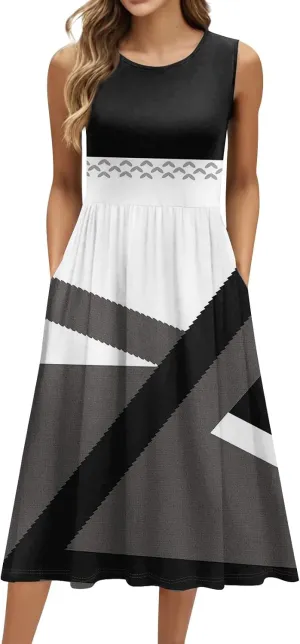 Womens Summer Dresses Loose A-Line Sundresses Flowy Beach Tshirt Tank Dresses Floral Sleeveless Mid Dress with Pockets