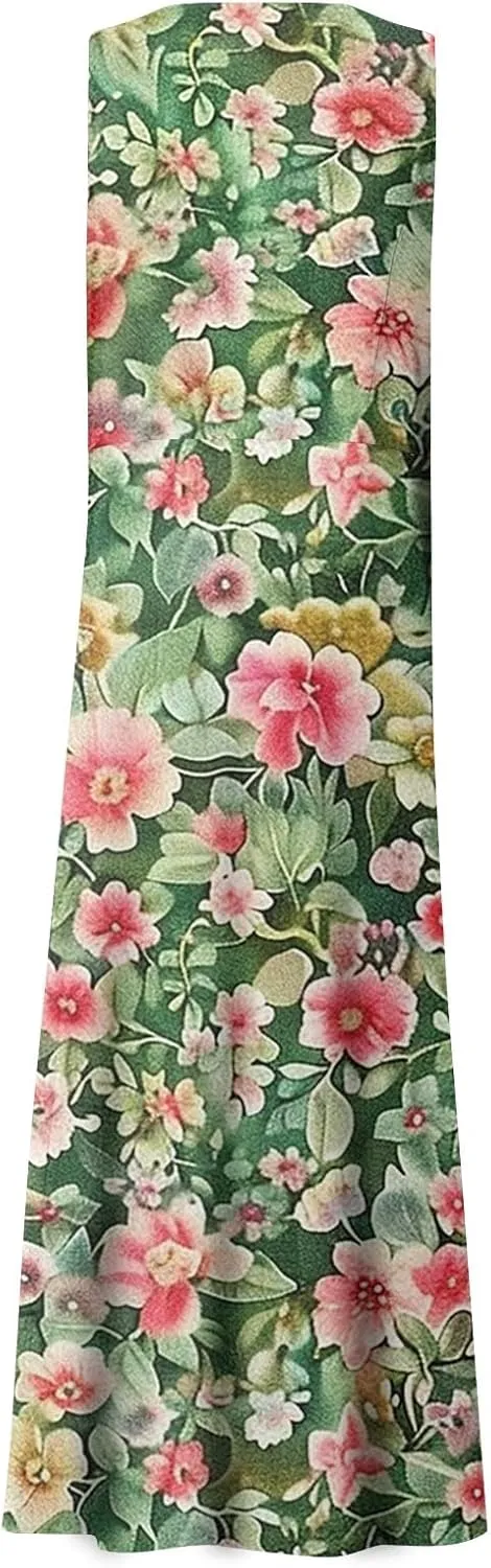 Womens Summer Dresses Sleeveless U Neck Tank Dress A-Line Floral Print Sundress Elegant Beach Dress with Pockets