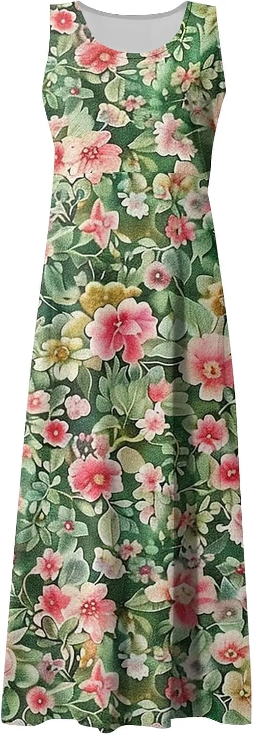 Womens Summer Dresses Sleeveless U Neck Tank Dress A-Line Floral Print Sundress Elegant Beach Dress with Pockets