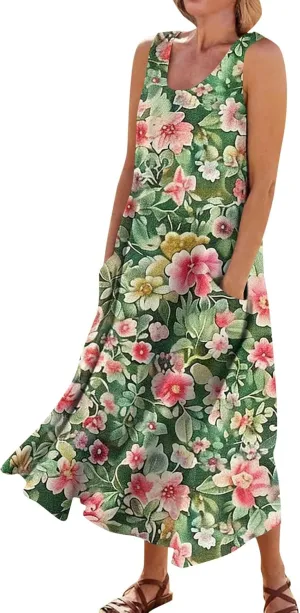 Womens Summer Dresses Sleeveless U Neck Tank Dress A-Line Floral Print Sundress Elegant Beach Dress with Pockets