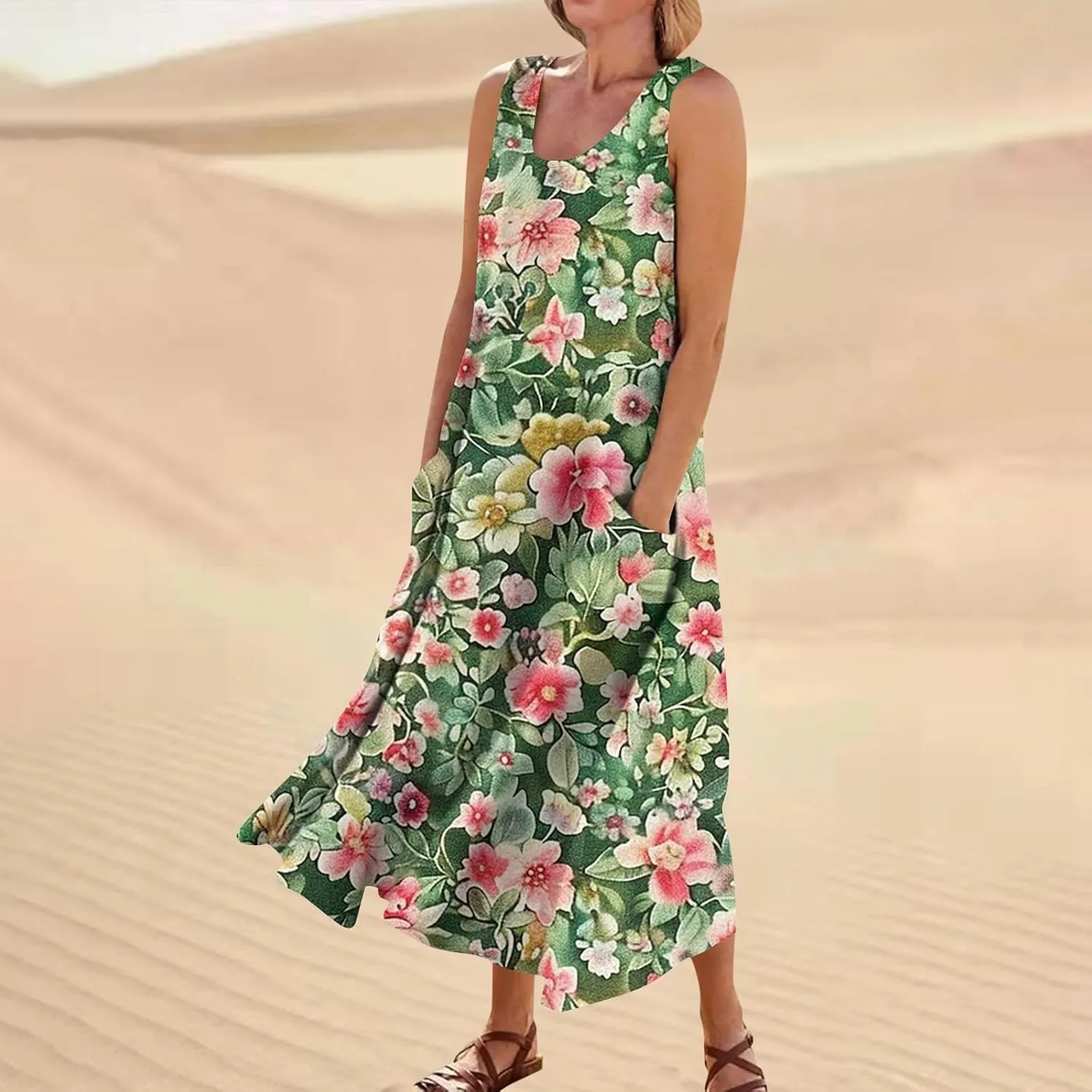 Womens Summer Dresses Sleeveless U Neck Tank Dress A-Line Floral Print Sundress Elegant Beach Dress with Pockets