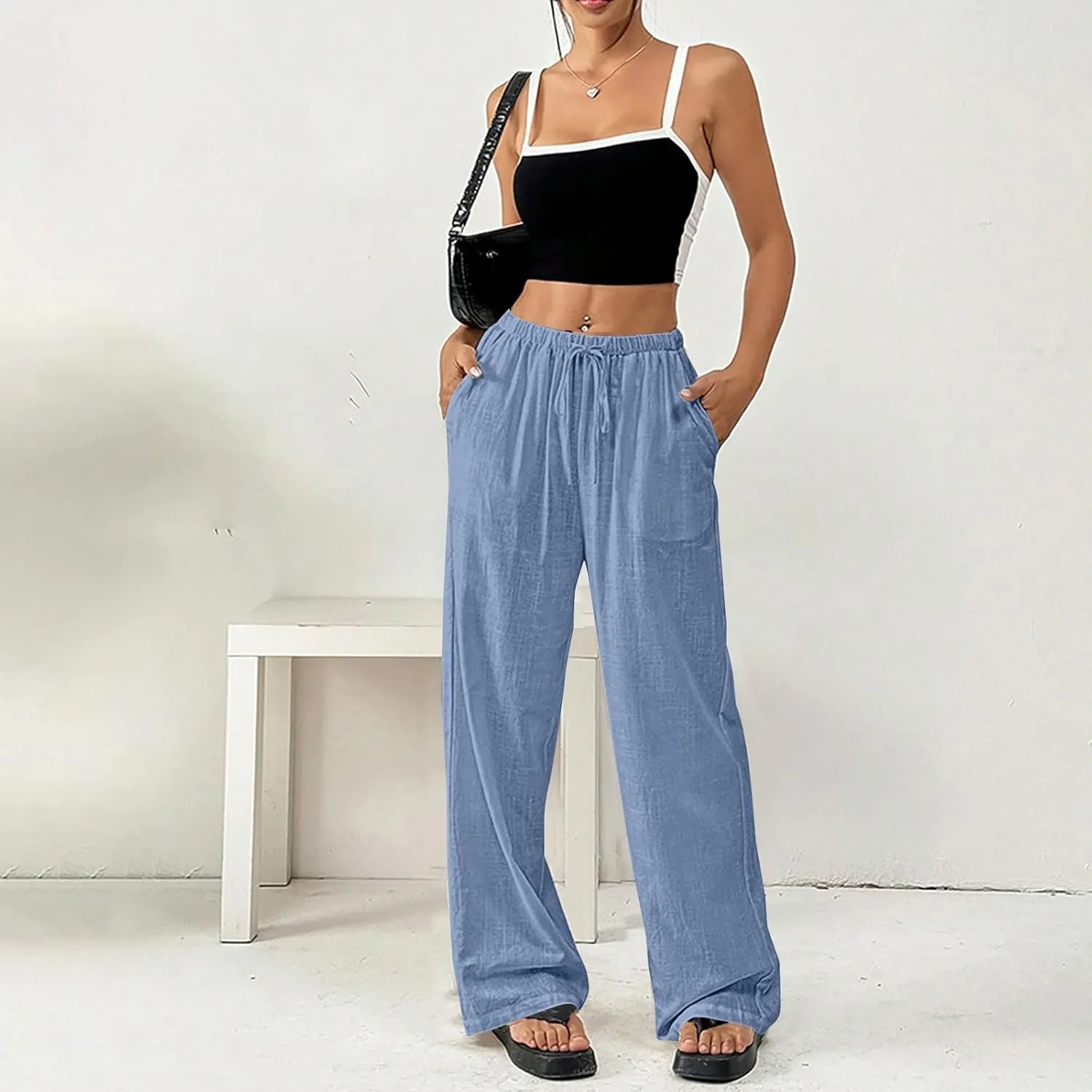 Womens Summer Gauze Pants Drawstring Waist Flowy Wide Leg Beach Trousers Loose Cotton Linen Palazzo Pant with Pockets