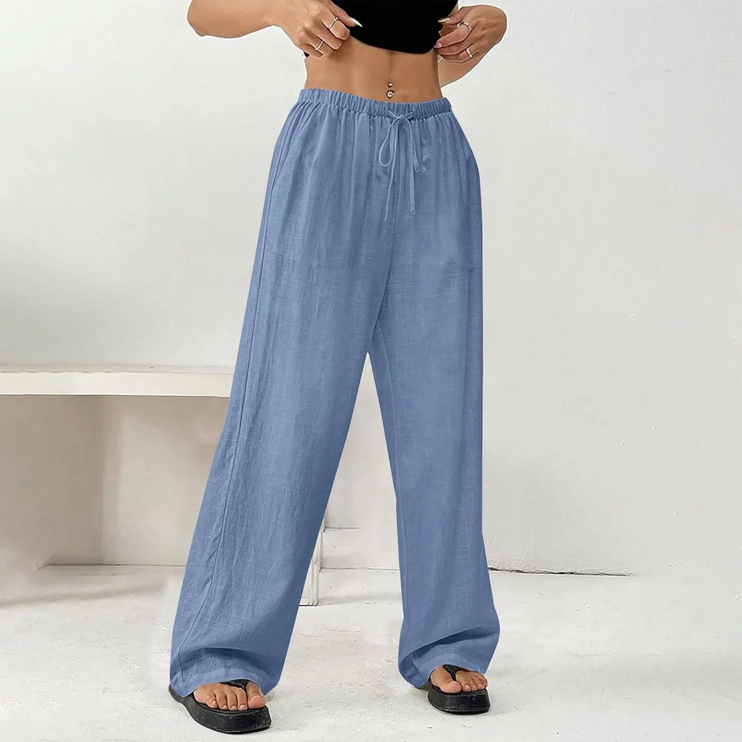 Womens Summer Gauze Pants Drawstring Waist Flowy Wide Leg Beach Trousers Loose Cotton Linen Palazzo Pant with Pockets