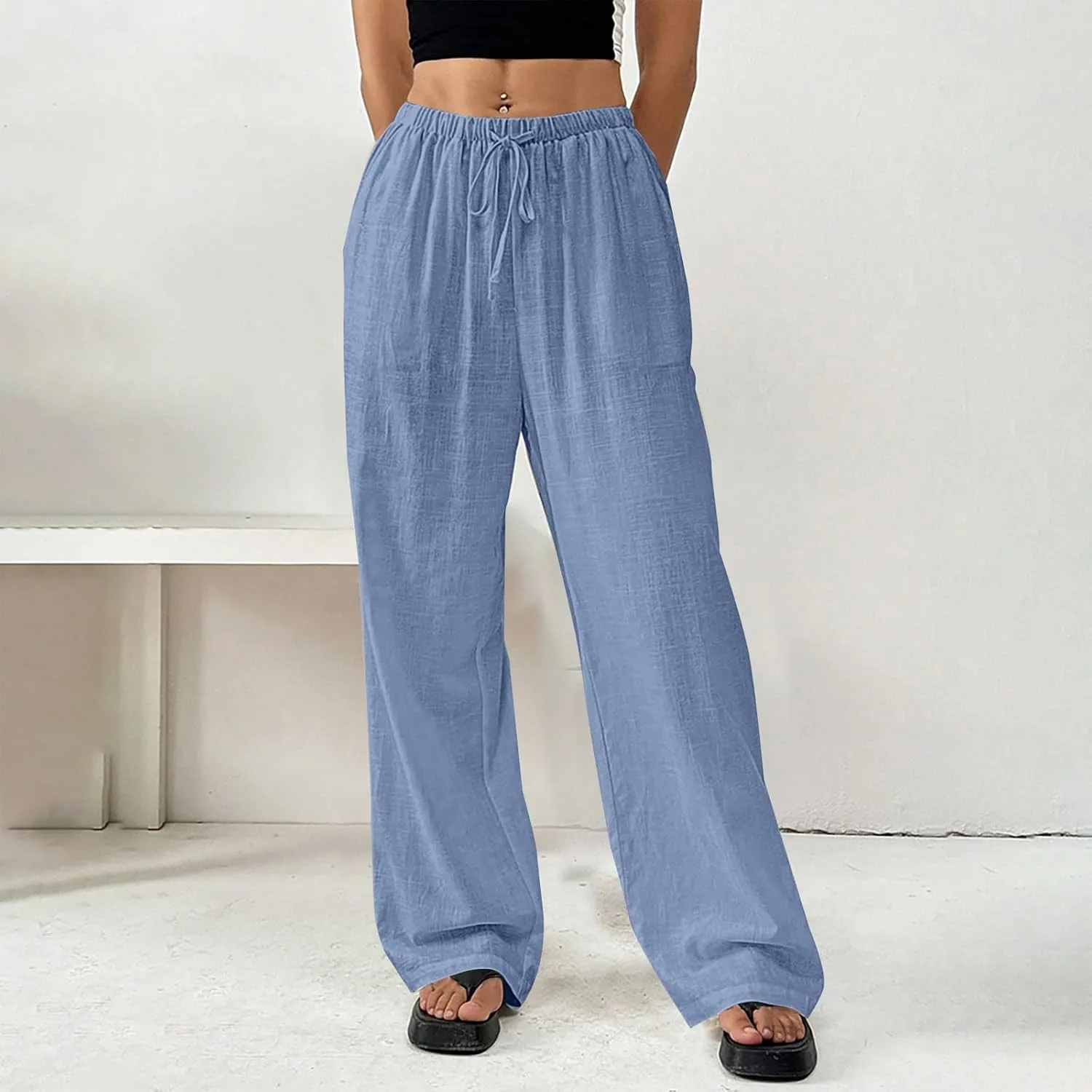 Womens Summer Gauze Pants Drawstring Waist Flowy Wide Leg Beach Trousers Loose Cotton Linen Palazzo Pant with Pockets