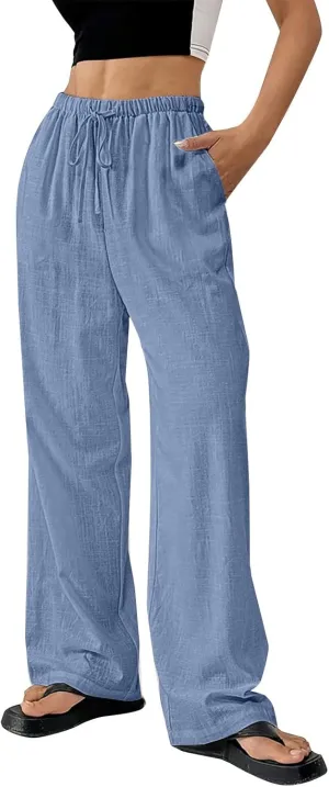 Womens Summer Gauze Pants Drawstring Waist Flowy Wide Leg Beach Trousers Loose Cotton Linen Palazzo Pant with Pockets