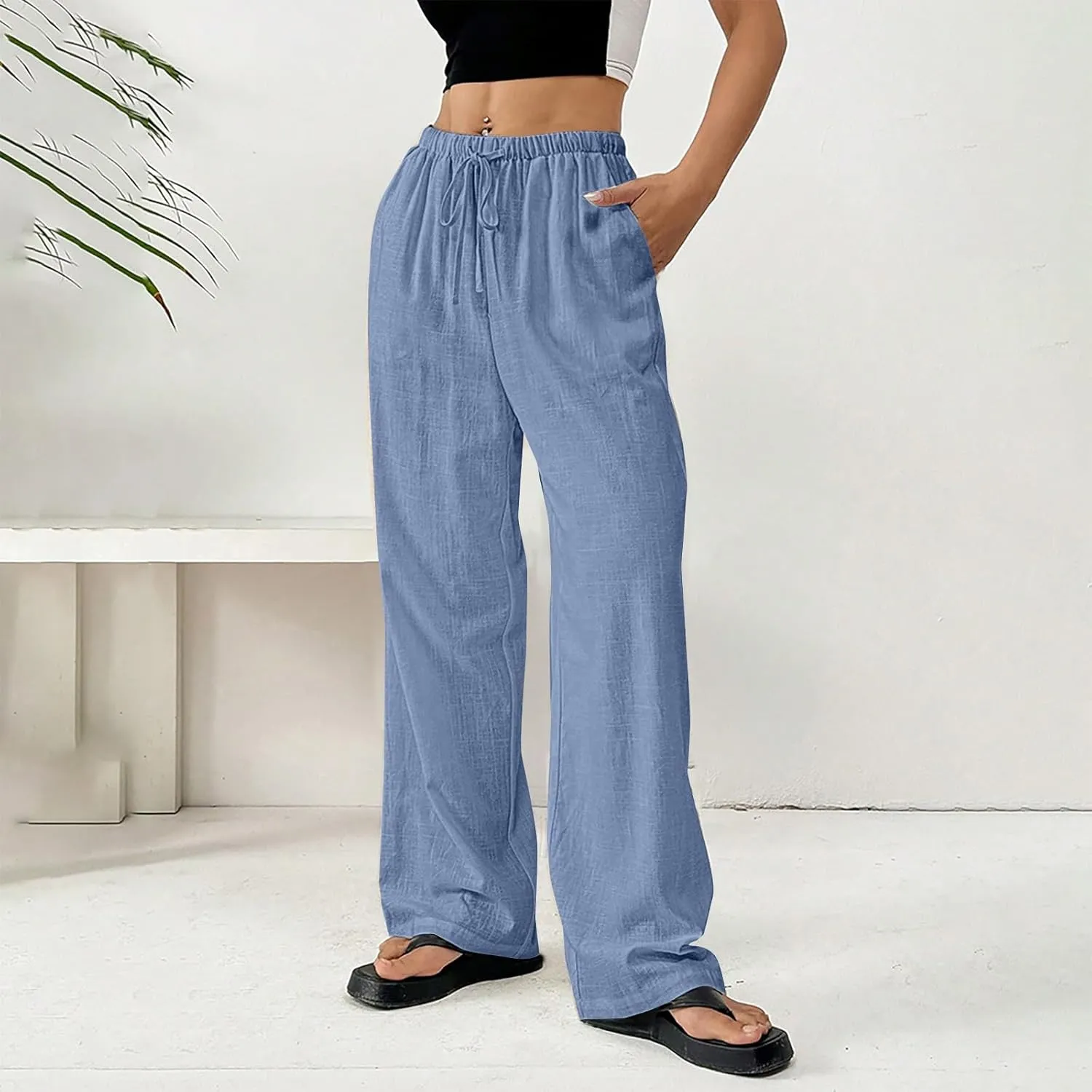 Womens Summer Gauze Pants Drawstring Waist Flowy Wide Leg Beach Trousers Loose Cotton Linen Palazzo Pant with Pockets
