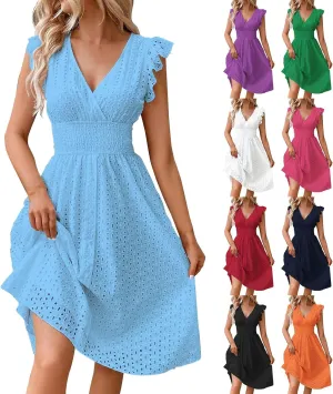 Women's Summer Lace Jacquard V Neck Wrap Sundress Ruffle Sleeve Boho Floral Elastic Waist Cute Mini Short Dresses 2024 Black