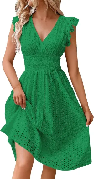 Women's Summer Lace Jacquard V Neck Wrap Sundress Ruffle Sleeve Boho Floral Elastic Waist Cute Mini Short Dresses 2024 Green