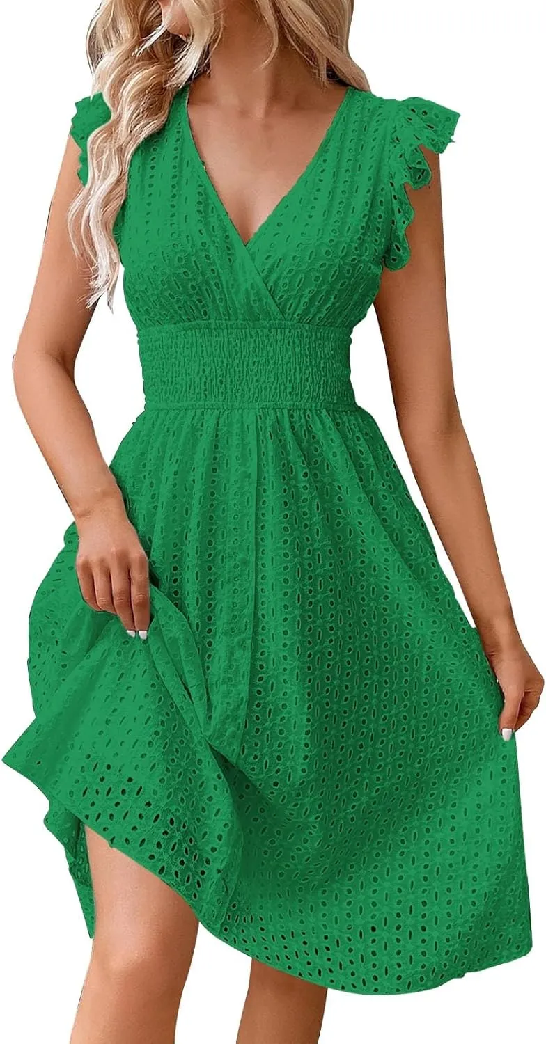 Women's Summer Lace Jacquard V Neck Wrap Sundress Ruffle Sleeve Boho Floral Elastic Waist Cute Mini Short Dresses 2024 Green