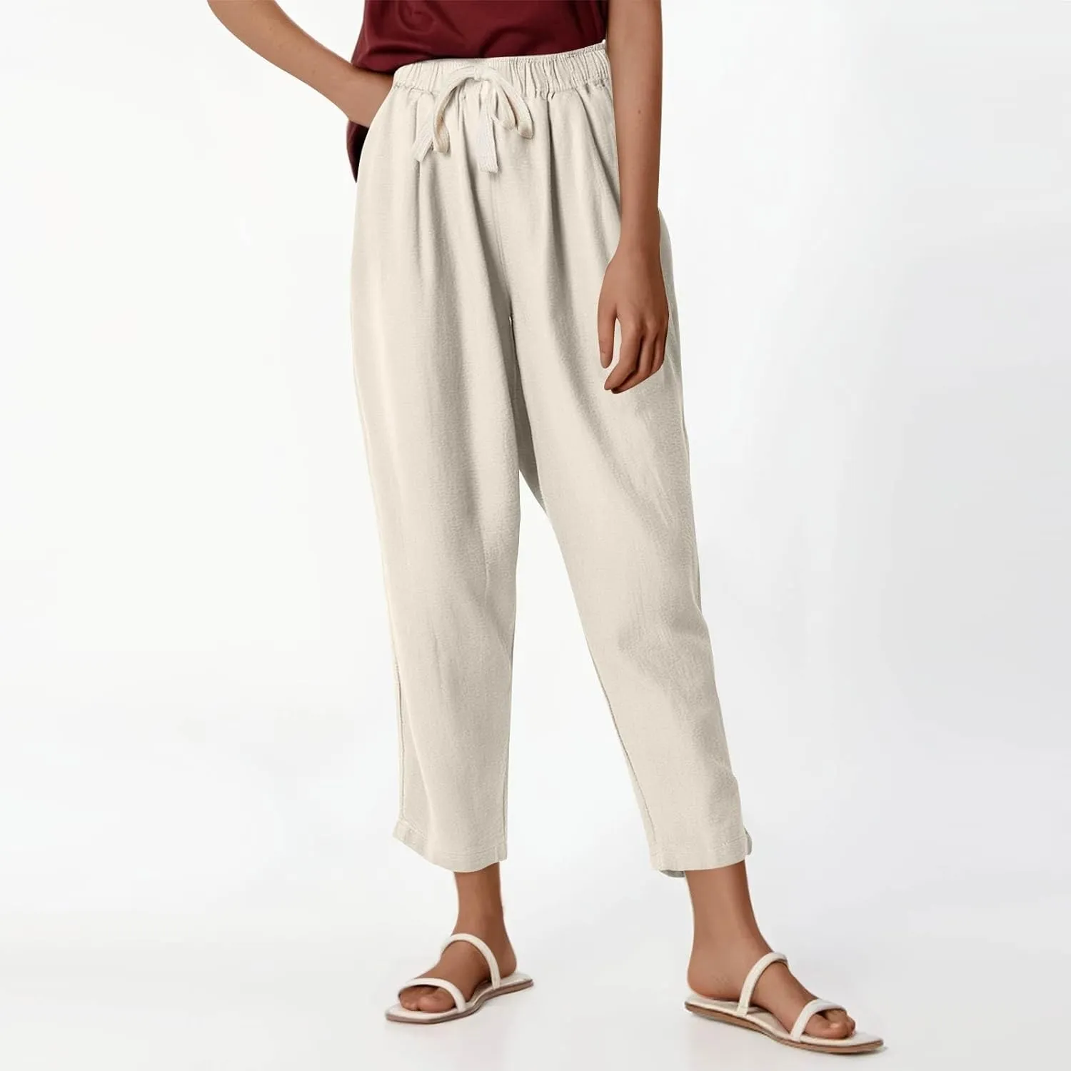 Women's Summer Pants Vacation Outfits Beach 2025 Solid Drawstring Pants with Pockets Harem Lightweight Cropped Slim Joggers