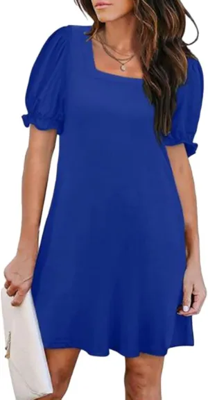 Womens Summer Puff Sleeve Mini Dress Square Neck Ruffle Short Sleeve Dresses Solid A Line Casual Swing Midi Dress