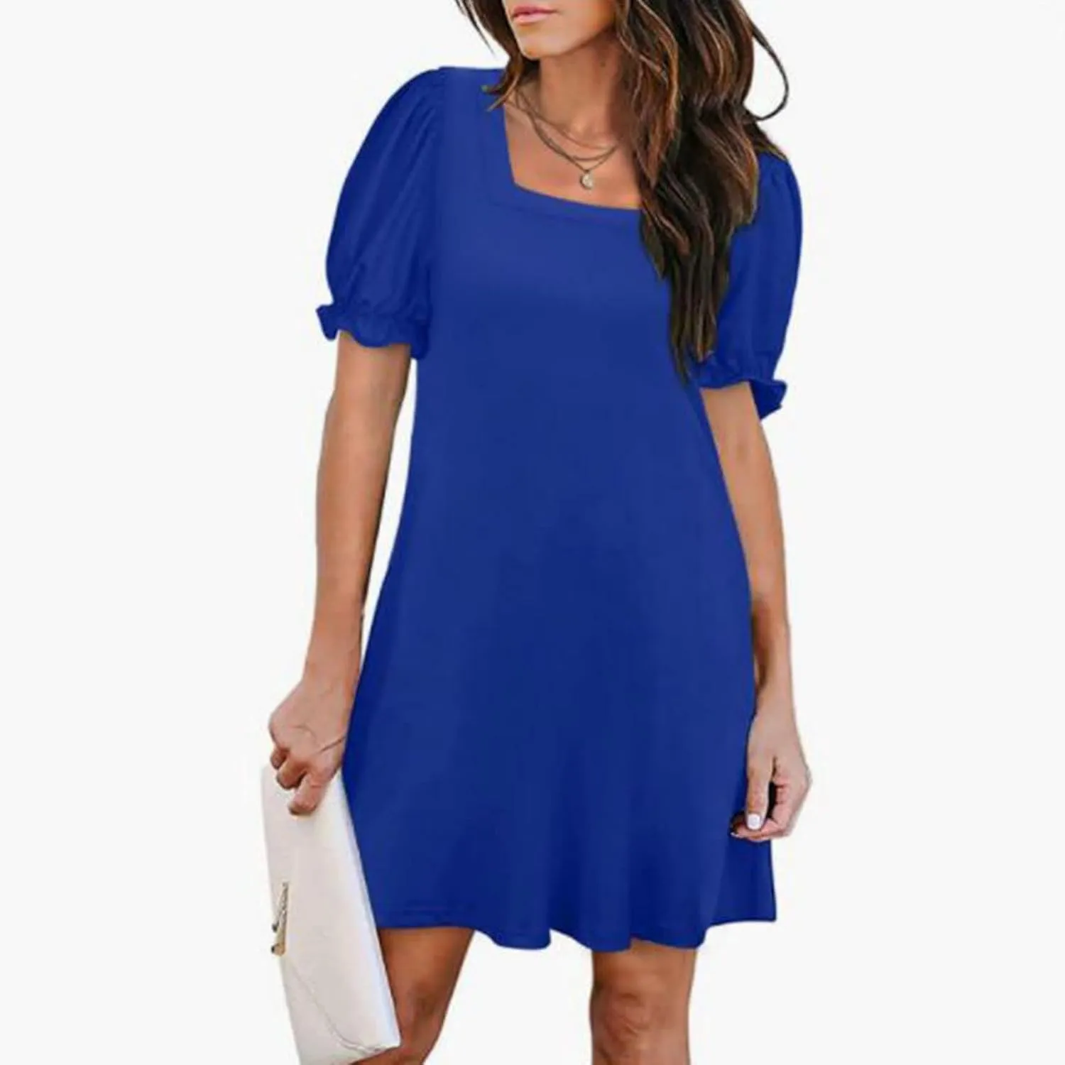 Womens Summer Puff Sleeve Mini Dress Square Neck Ruffle Short Sleeve Dresses Solid A Line Casual Swing Midi Dress