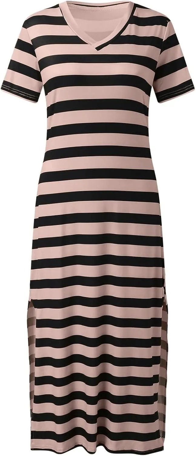 Womens Summer Stripe Maxi Dress Short Sleeve V Neck Casual Loose Long Beach Split Dresses Midi Dress Slit