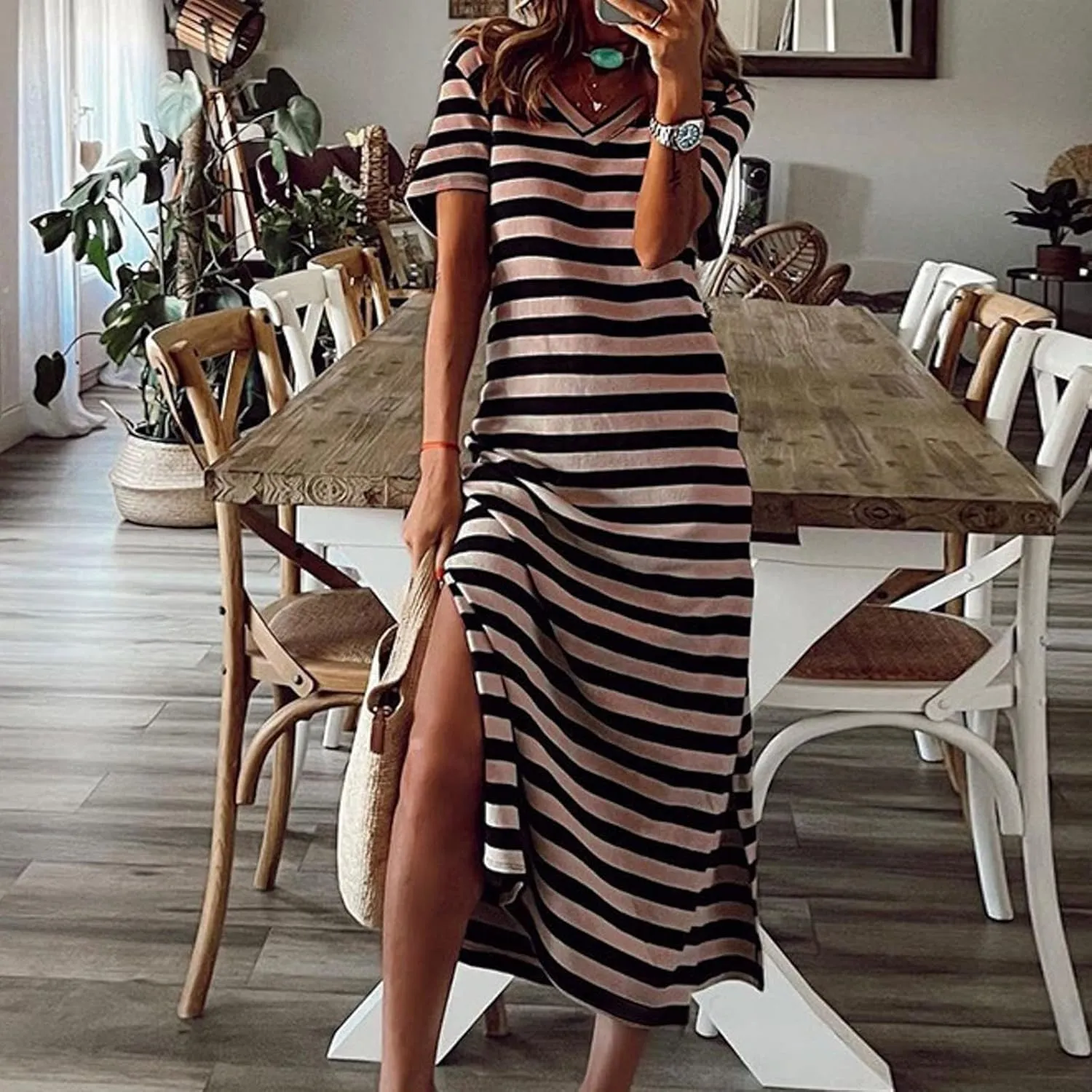 Womens Summer Stripe Maxi Dress Short Sleeve V Neck Casual Loose Long Beach Split Dresses Midi Dress Slit