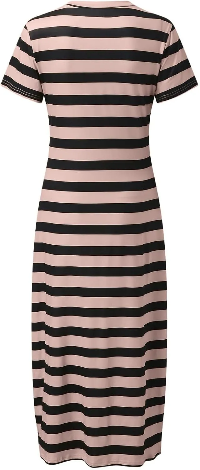 Womens Summer Stripe Maxi Dress Short Sleeve V Neck Casual Loose Long Beach Split Dresses Midi Dress Slit