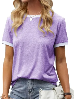 Womens T Shirt Short Sleeve Crew Neck Basic Color Block Tee Tops