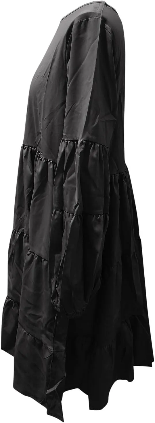 Womens Tiered Ruffle Mini Dresses Lantern Long Sleeve Crewneck A-Line Dress Casual Loose Fit Babydoll Swing Dress