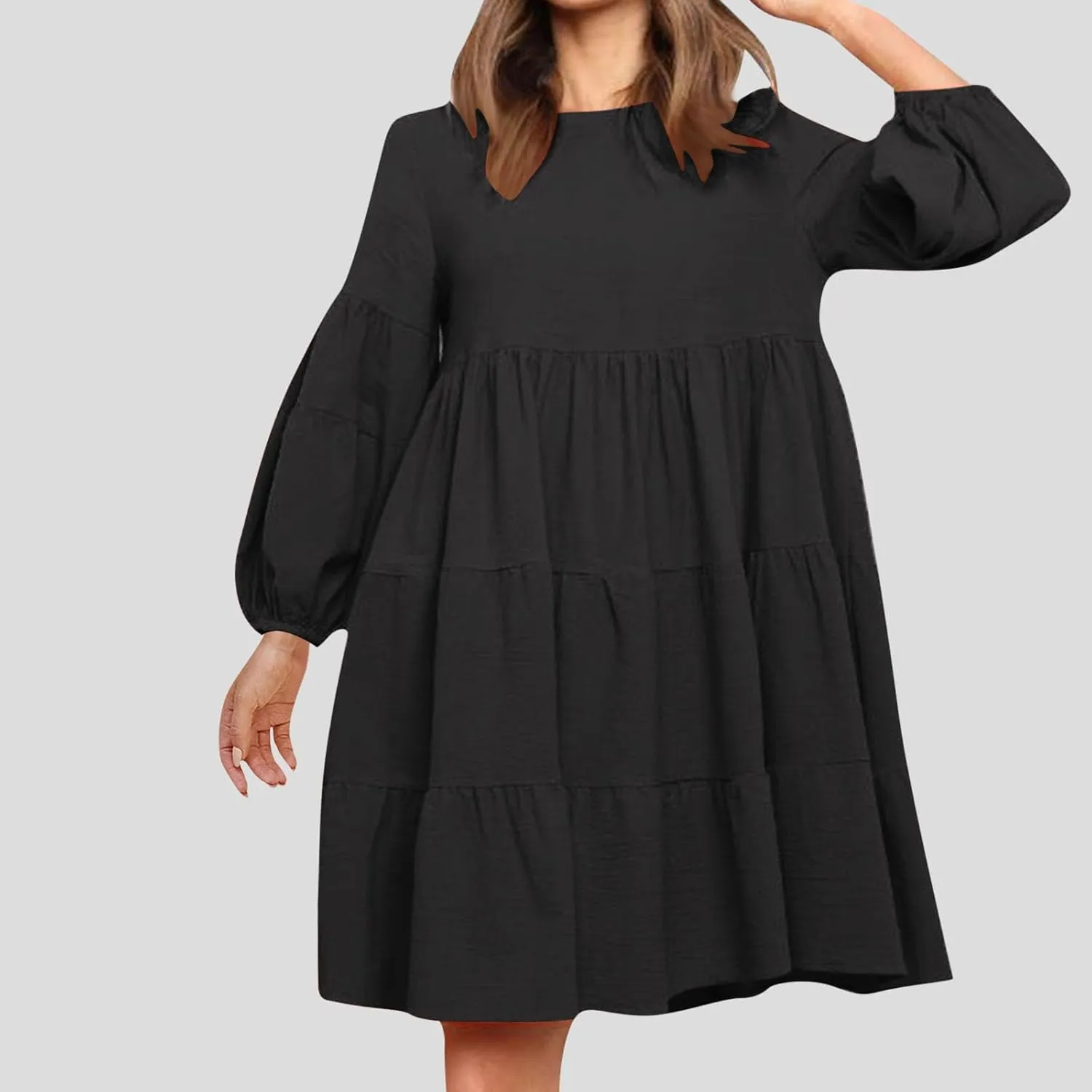 Womens Tiered Ruffle Mini Dresses Lantern Long Sleeve Crewneck A-Line Dress Casual Loose Fit Babydoll Swing Dress