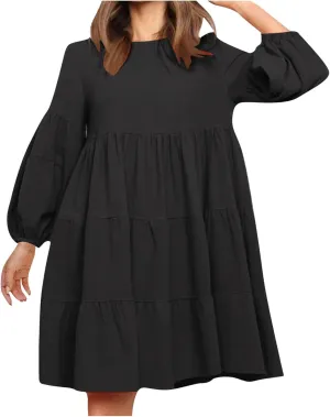 Womens Tiered Ruffle Mini Dresses Lantern Long Sleeve Crewneck A-Line Dress Casual Loose Fit Babydoll Swing Dress