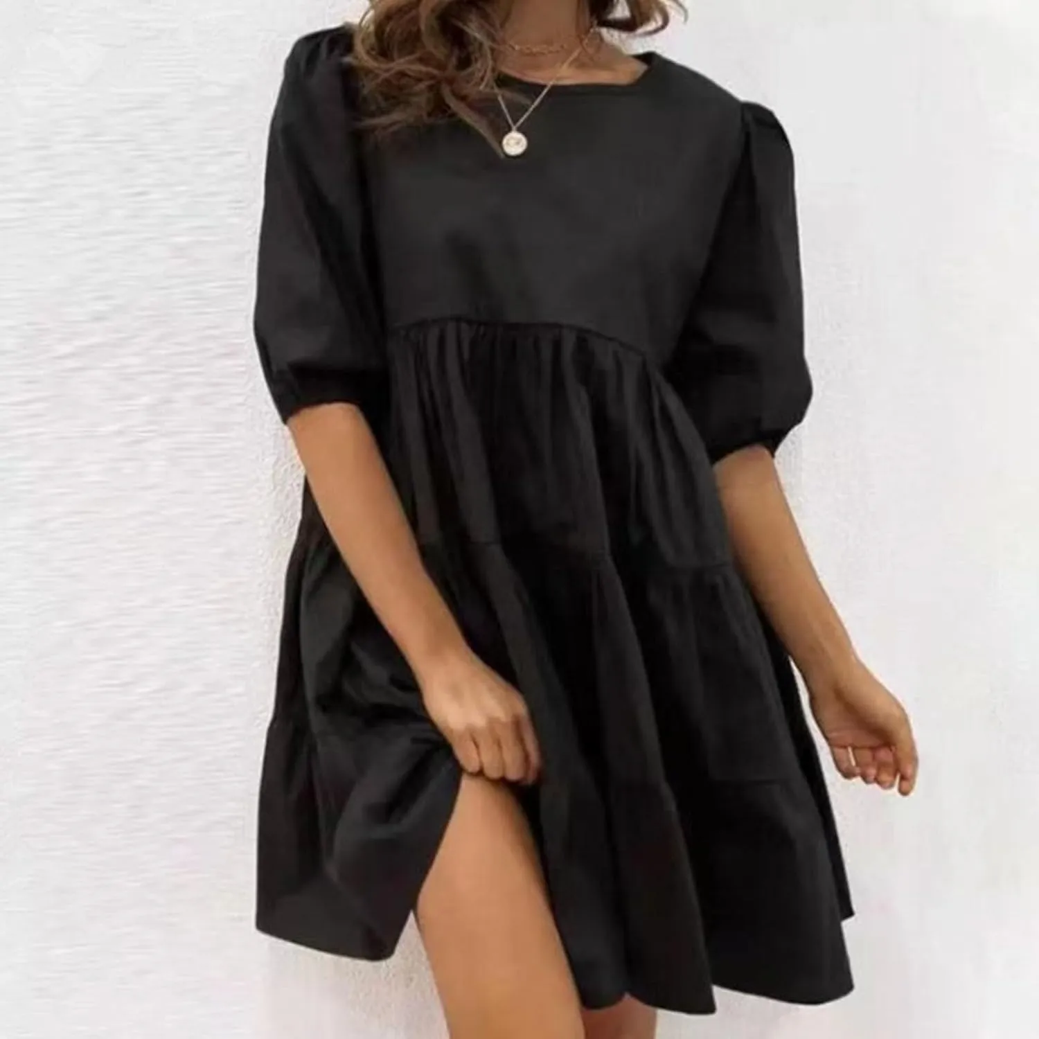 Womens Tiered Ruffle Mini Dresses Lantern Long Sleeve Crewneck A-Line Dress Casual Loose Fit Babydoll Swing Dress