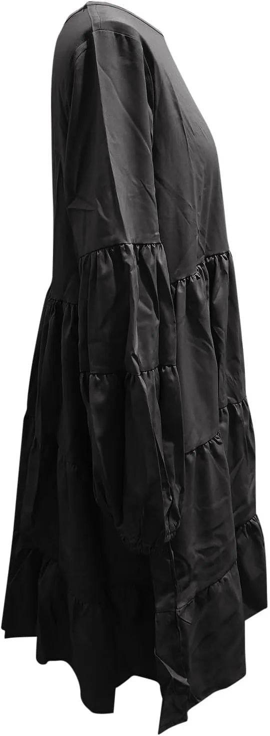 Womens Tiered Ruffle Mini Dresses Lantern Long Sleeve Crewneck A-Line Dress Casual Loose Fit Babydoll Swing Dress