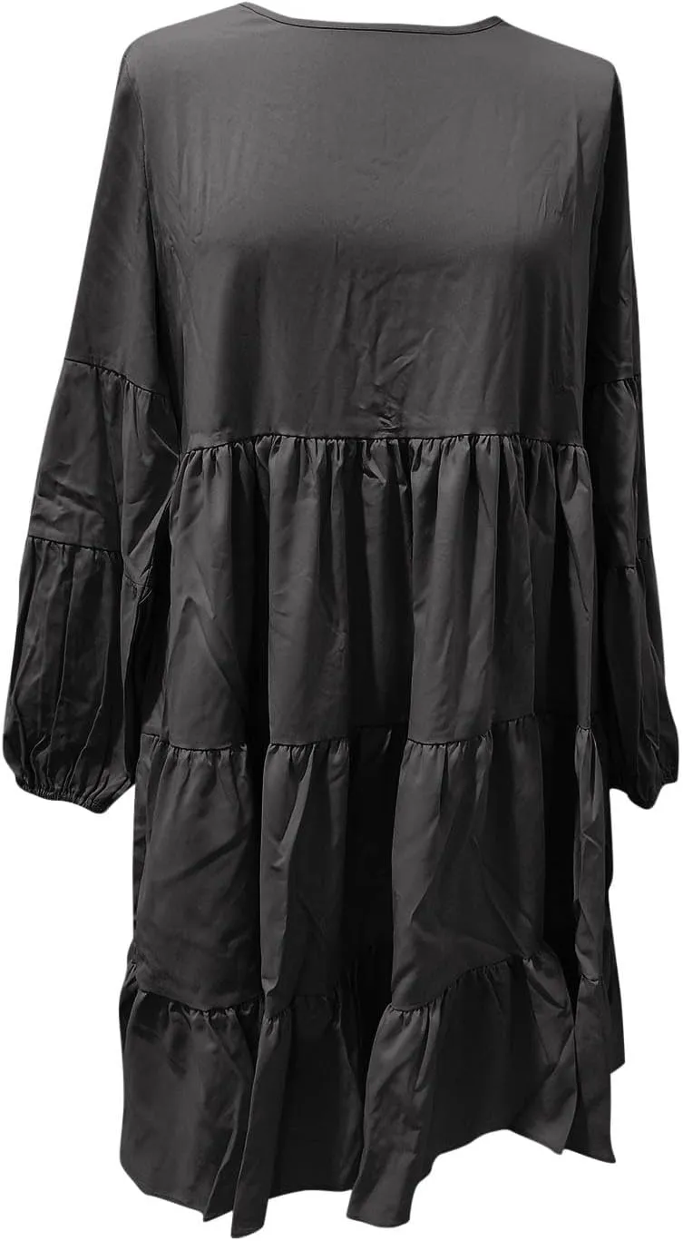 Womens Tiered Ruffle Mini Dresses Lantern Long Sleeve Crewneck A-Line Dress Casual Loose Fit Babydoll Swing Dress