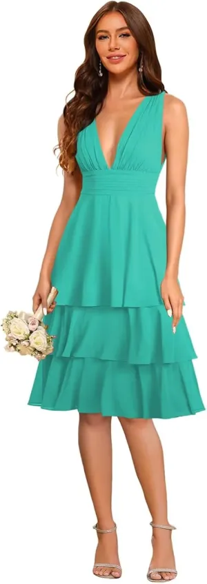 Women's V Neck Tiered Bridesmaid Dresses 2025 for Wedding Short Chiffon Formal Evening Dress PU273