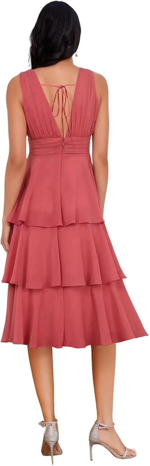 Women's V Neck Tiered Bridesmaid Dresses 2025 for Wedding Short Chiffon Formal Evening Dress PU273