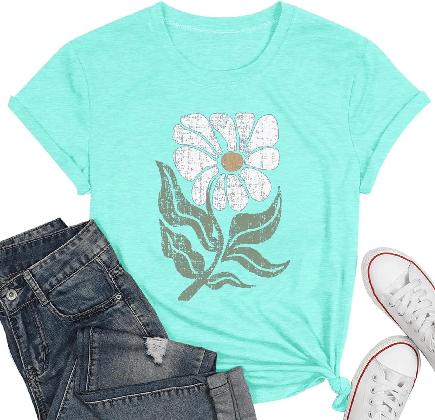 Women's Vintage Flowers Shirt Casual Boho Floral Printed Shirts Sunflower Wildflowers Graphic Tee Tops 