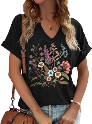Womens Vintage Flowers V Neck Printed Shirt Funny Boho Flower Graphic Tee Casual Wildflower Botanical Short Sleeve