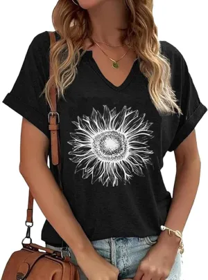Womens Vintage Flowers V Neck Printed Shirt Funny Boho Flower Graphic Tee Casual Wildflower Botanical Short Sleeve